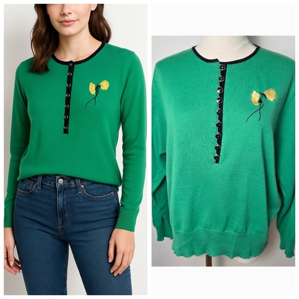 Vintage Lucia Green Sweater with Flower Embroidery And Half Button Front